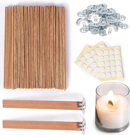 Ziosxin 50 Set Candle Wick, Thicken Smokeless Cherry Wood Wicks for Candles-Long Lasting Flame-Easily Burn, Candle Cores with Stand and Glue Dot, Candle Wicks for Candle Making