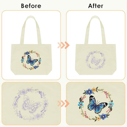 ERKOON Canvas Tote Bag Embroidery Kit for Beginners, Floral Arts Crafts Cross Stitch Kits for Adults Including Stamped Embroidery Bag with Hoops, Needle, Instruction and Color Threads (Butterfly)