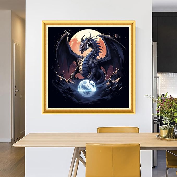 Foxhool Stamped Cross Stitch Kits,11CT Printed Cross Stitch Pattern Full Embroidery Kits for Beginner Needlepoint Kits-Moon Dragon 18x18 inch
