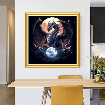 Foxhool Stamped Cross Stitch Kits,11CT Printed Cross Stitch Pattern Full Embroidery Kits for Beginner Needlepoint Kits-Moon Dragon 18x18 inch