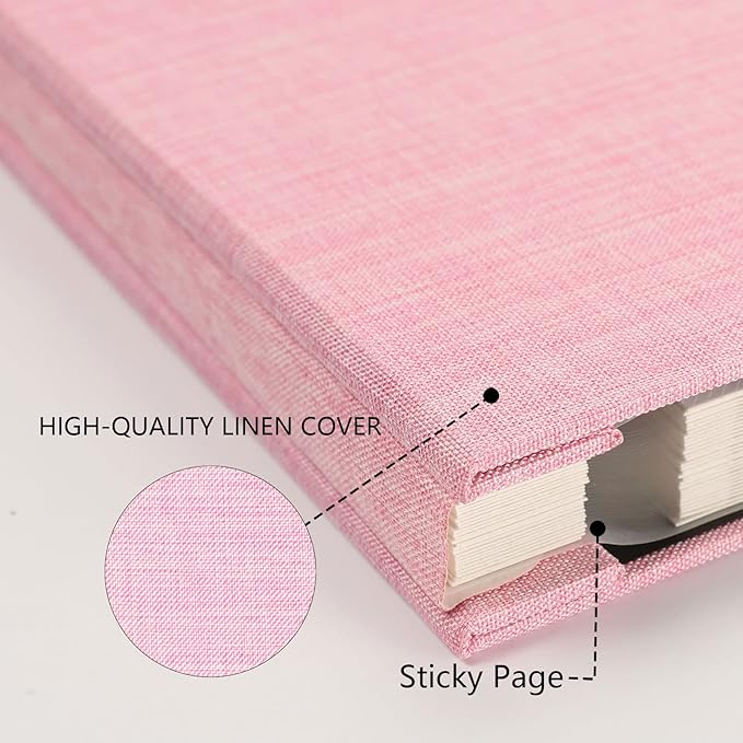 Aenbuslm Photo Album Self Adhesive Pages for 4x6 5x7 8x10 Pictures Scrapbook Magnetic Photo Albums with Sticky Pages Books with A Metallic Pen for Baby Wedding Family 11x10.6 Pink 60 Pages