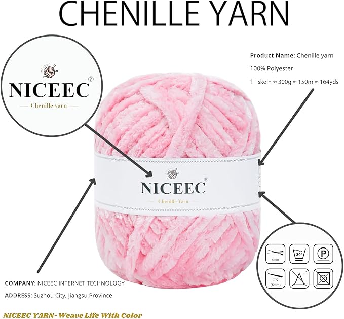 NICEEC 300g Soft Chenille Yarn Blanket Velvet Yarn for Knitting, Crochet, Weaving DIY Craft Total Length 150m (164yds)_Pink