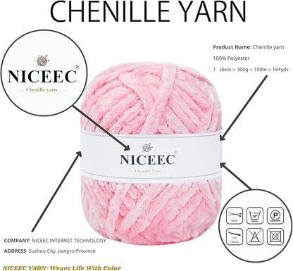 NICEEC 300g Soft Chenille Yarn Blanket Velvet Yarn for Knitting, Crochet, Weaving DIY Craft Total Length 150m (164yds)_Pink
