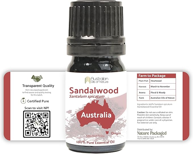 Nature Packaged Sandalwood Essential Oil - Direct from Australian Oils of Nature - Steam Distilled - Aceite Esencial de Sándalo for Aromatherapy, Massage, Diffuser, DIY Candle and Soap Making - 2lbs