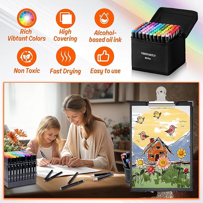 VBESTARTLY 168 Colors Alcohol Markers with Base, Permanent Dual Tip Art Markers for Adults Anime Coloring Sketch Illustrations Pefect for Gift- Refillable