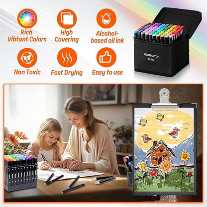 VBESTARTLY 80 Colors Alcohol Markers with Base, Permanent Dual Tip Art Markers for Adults Anime Coloring Sketch Illustrations Pefect for Gift- Refillable