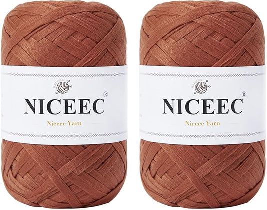NICEEC 2 Skeins Soft Tape Yarn for Crocheting Craft Paper Yarn Easy Crochet Raffia Yarn Ribbon Yarn for DIY Craft Gift Wrapping Total Length 1.76oz×2/109yds×2-Caramel
