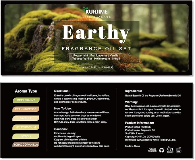KURJIME Essential Oil Set, Earthy Scents Fragrance Oil Essential Oils for Diffuser Oil Scents | Peppermint, Frankincense, Vanilla, Helichrysum, Neroli, Tobacco Vanilla Scented Oils, 6x10ml