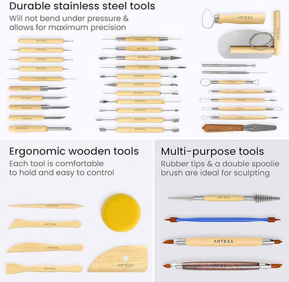 Arteza Pottery & Polymer Clay Tools, 42-Piece Sculpting Set, Steel Tip Tools with Wooden Handles, for Pottery Modeling, Smoothing, Carving & Ceramics