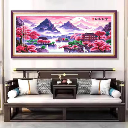 Zhenqing Purple Dawn Oriental Cross Stitch Kit – 11CT 146x60cm Large Aida Cloth with Cherry Blossoms & Ancient Landscape – Serene Home Wall Art Decor(65003)