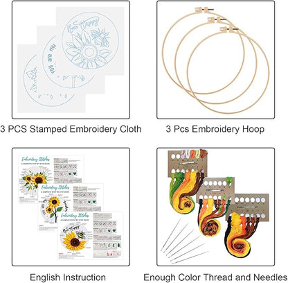 Louise Maelys 3 Sets Sunflowers Embroidery Kit for Beginners,Cross Stitch Kits for Adults with Summer Flowers Bee Stamped Pattern,Starters Needlepoint with Embroidery Instruction