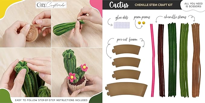 WeVeel Cozy Craftworks Chenille Stem Plant Craft Kit for Adults – Create 4 Botanical Designs (String of Pearls, Snake Plant, Cactus & Mushroom) – Relaxing DIY Arts & Crafts Kit with All Supplies