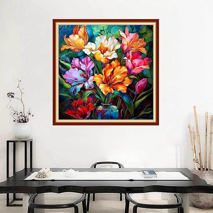 Joyhoor Stamped Cross Stitch Kits for Beginners Needlepoint Kits for Adults Embroidery Kits 11CT Counted Cross Stitch Kits Printed Embroidery Pattern-Colorful Flowers 18x18 inchs