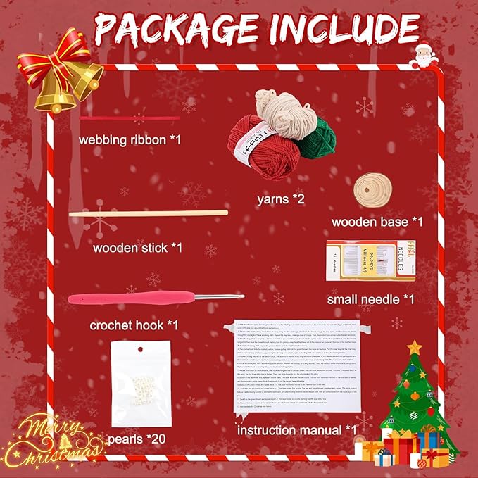 DIY Crochet Christmas Tree Kit, Handmade Holiday Decoration Set, Christmas Tree Bow Crochet Kit, Crochet Kit for Beginners with Yarn, Hook,Beads & Instructions