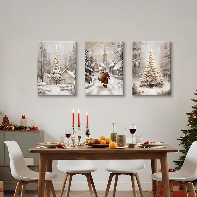 3Pcs Winter Snow Scene Canvas Wall Art for Bedroom, Christmas Pine Trees Landscape Wall Picture Retro Cabin Snowy Canvas Art Prints Painting Country Nature Wall Decor for Living Room Kitchen 20"x28"X3