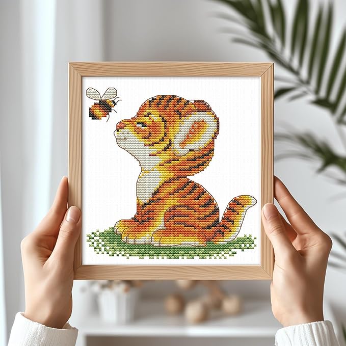 Maydiyer Cross Stitch Kits Stamped Full Range of Embroidery Starter Kits for Beginners DIY 11CT Easy Patterns Embroidery Kit for Girls-Tiger and Bee 9×9.5 inch