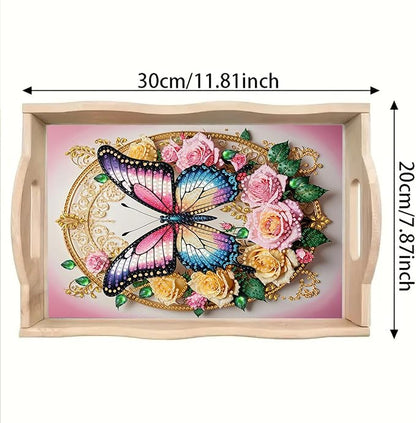 DoxQcs DIY Diamond Art Wooden Tray Kit Easter Food Tray with Handle Diamond Painted Table Decoration Tray for Breakfast Bar Dinner Table Diamond Art Painting for Beginners-#12-Rose Butterfly