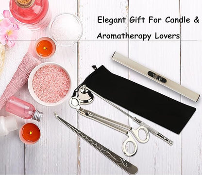 4IN1 Candle Accessory Set, Rechargeable LighterCandle Wick Trimmer Cutter, Candle Snuffer & Candle Wick Dipper for Candle Aromatherapy Lover Gift, Stainless Steel Candle Care Kit (Silver)
