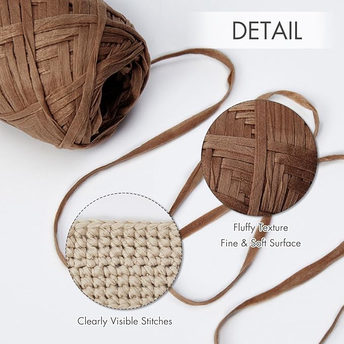 NICEEC 2 Skeins Soft Tape Yarn, Easy Crohcet Raffia, Crochet & Knitting, Paper Ribbon Yarn for DIY Craft Gift Wrapping Total Length 1.76oz×2/109yds×2 - Chocolate
