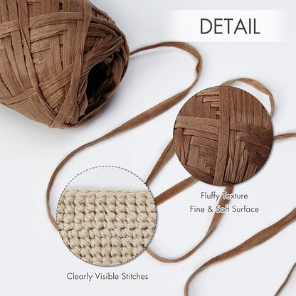 NICEEC 2 Skeins Soft Tape Yarn, Easy Crohcet Raffia, Crochet & Knitting, Paper Ribbon Yarn for DIY Craft Gift Wrapping Total Length 1.76oz×2/109yds×2 - Chocolate