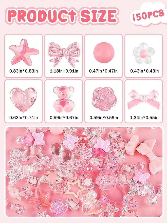 150PCS Acrylic Pastel Beads for Jewelry Making, Kalolary Colorful Bow Butterfly Flower Beads Kawaii Plastic Candy Heart Bead Cute Macaroon Aesthetic Bead for Bracelet Necklace DIY Supplies (Pink)