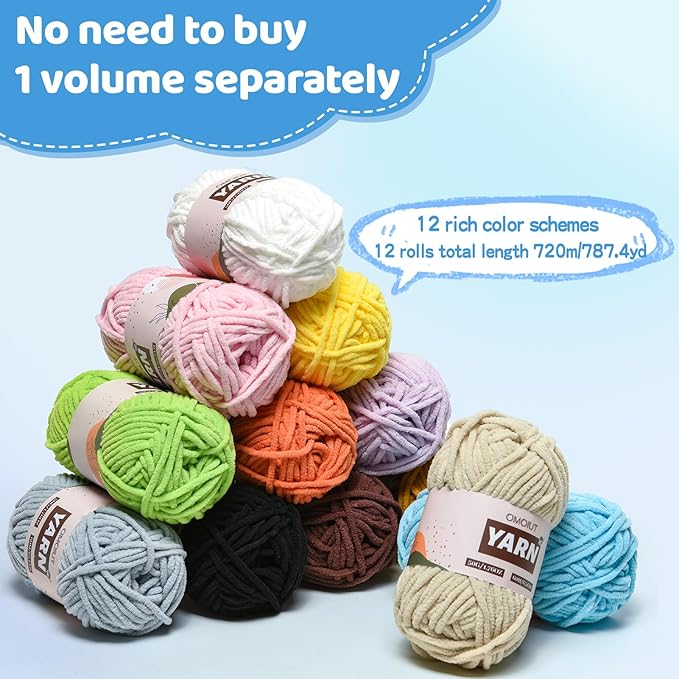 Chenille Velvet Yarn - 12 Pack Baby Yarn Set for Crocheting & Amigurumi - 600g (787yd), Crochet Hooks, Stitch Markers, Fluffy Stuffing, Accessories