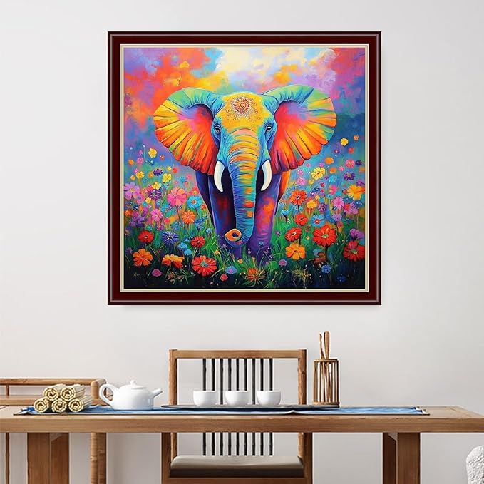 Dimensean Stamped Cross Stitch Kits Full Range of Embroidery Patterns Starter Kits for Beginners Adult DIY Cross Stitches Needlepoint Kits 11CT-Colorful Elephant Flowers 18x18 inch