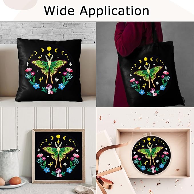 Nuberlic Moth Embroidery Kits for Beginners - Embroidery Starter Cross Stitch Kit DIY Needlepoint Including Cloth with Pattern, Hoop, Needles Instruction and Threads