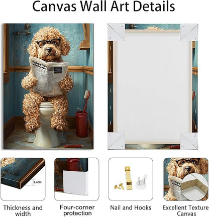 WENGTIAO Funny Dog Framed Canvas Wall Art Brown Poodle On Toilet Reading Newspaper Print Poster Humor Animal Bathroom Painting Pictures Dog Lovers Restroom Artwork for Home Washroom 16x24in