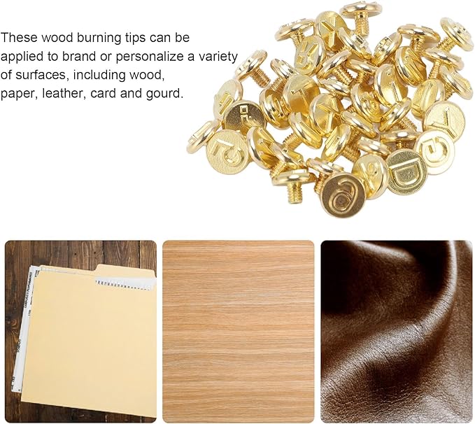 Wood Burning Tip Set 43pcs Brass Alphabet Number Symbol Wood Burning Tool Kit for DIY Craft Embossing Carving on Wood Leather Paper
