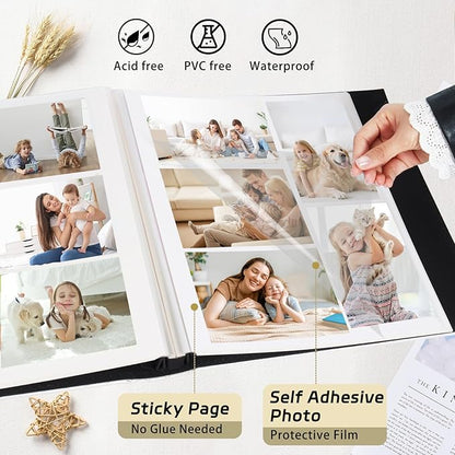RECUTMS 60 Pages DIY Photo Albums with Sticky Pages Button Grain Leather Cover 4x6 5x7 8x10 Photos of Any Size, Wedding Photo Album Baby Picture Book Family Scrapbook Photo Album (Gray)