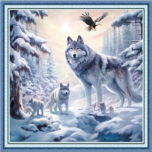 DMCVIVR Stamped Cross Stitch Kits for Beginners Adults Needlepoint Kits for Beginners Embroidery Kits for Adults Crossstitch Kit for Beginners 11CT-Snow Wolf 18x18 inchs