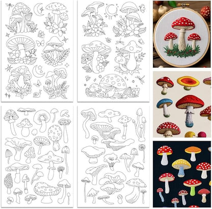 ORIGACH 4 Sheets Large Water Soluble Embroidery Patterns Stabilizers - Pre-Printed Mushroom, Moon, Star & Flower Hand Sewing Stabilizers- Stick & Stitch Embroidery Patterns for Hand Sewing Beginner
