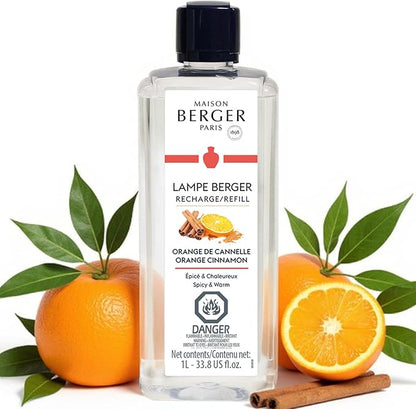 Maison Berger Orange Cinnamon Lampe Berger Refill, 1 Liter (33.8 fl oz), 2-in-1 Catalytic System, Neutralizes Odors and Diffuses Fragrance, Ginger, Orange, Tonka Bean, Nutmeg, Cinnamon, Made in France