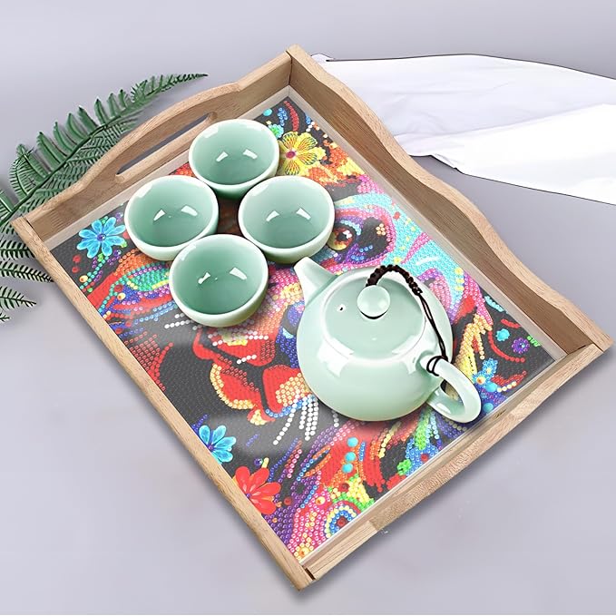 DIY Art Painting Wooden Tray Kit With Handle, Diamond Painted Table Decoration for Breakfast, Bar Dinner Table, Diamond Dots Gem Painting Art Set for Beginners (#24-Dog)