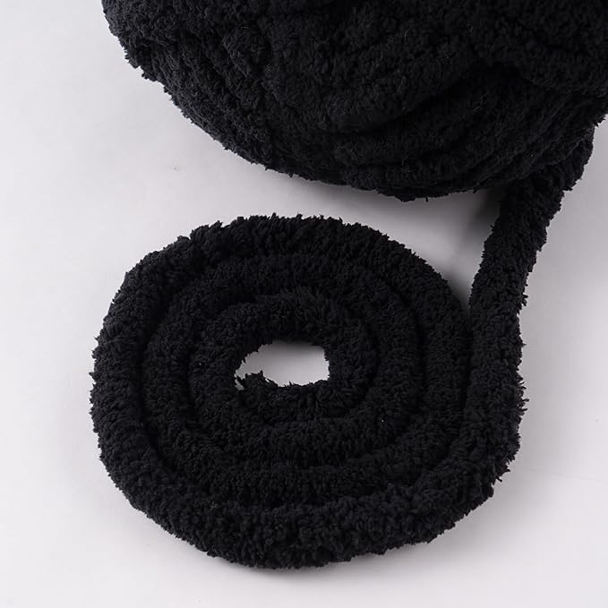 Black Jumbo Chunky Chenille Yarn for Crocheting, Thick Plush Yarn for Hand Knitting Blankets, Super Soft Bulky Yarn for DIY Projects, 2 Jumbo Pack
