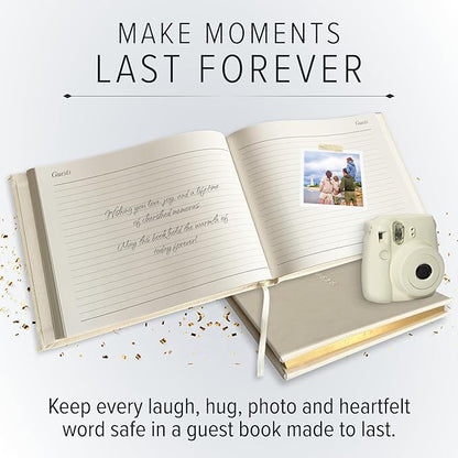 Gallery Leather Guest Book - Great for Wedding, Reception, Baby and Bridal Shower, Birthday Party and Vacation Home - 192 Lined Pages to Sign In, add Polaroid Photo - Hardcover 9x7" - Acadia White
