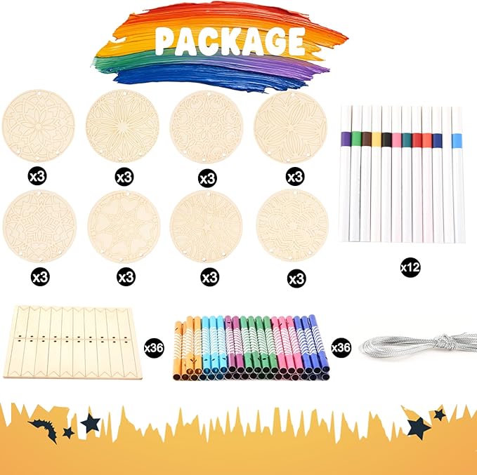 Wooden Mandala Wind Chime Ornaments Painting Craft,24PCS Unfinished Wood Hanging Decoration,8 Style Cutouts for Adults Olders to Paint DIY Thanksgiving Home Decors Hanging