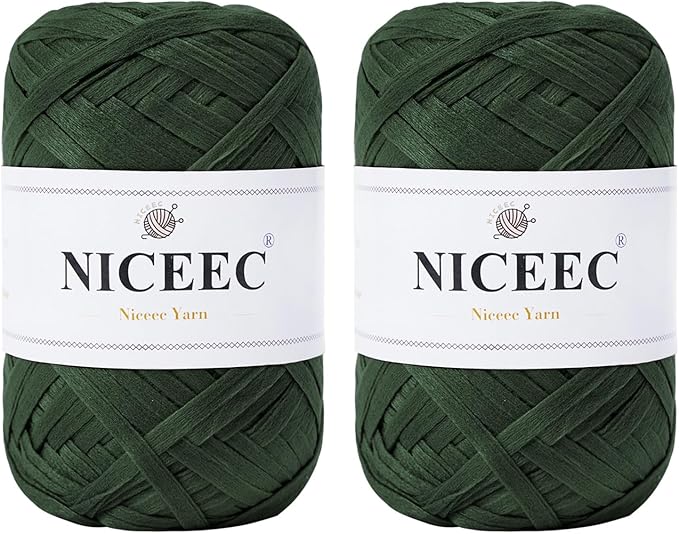 NICEEC 2 Skeins Soft Tape Yarn, Easy Crohcet Raffia, Crochet & Knitting, Paper Ribbon Yarn for DIY Craft Gift Wrapping Total Length 1.76oz×2/109yds×2 - Green