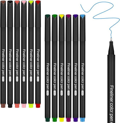huesamhi Colored Pens for Journaling, Planning Bullet Journals Fineliner Felt Tip Fine Point Marker Pens 12 Vibrant Colors - Premium Writing planner accessories