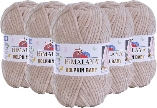 5 Skein/Pack Himalaya Dolphin Baby Chenille Yarn, Each Ball 100 gr (3.5 oz), 120 m (132 Yards), 100% Polyester, Super Bulky Baby Blanket Velvet Amigurumi Yarn, 80373 - Light Beige