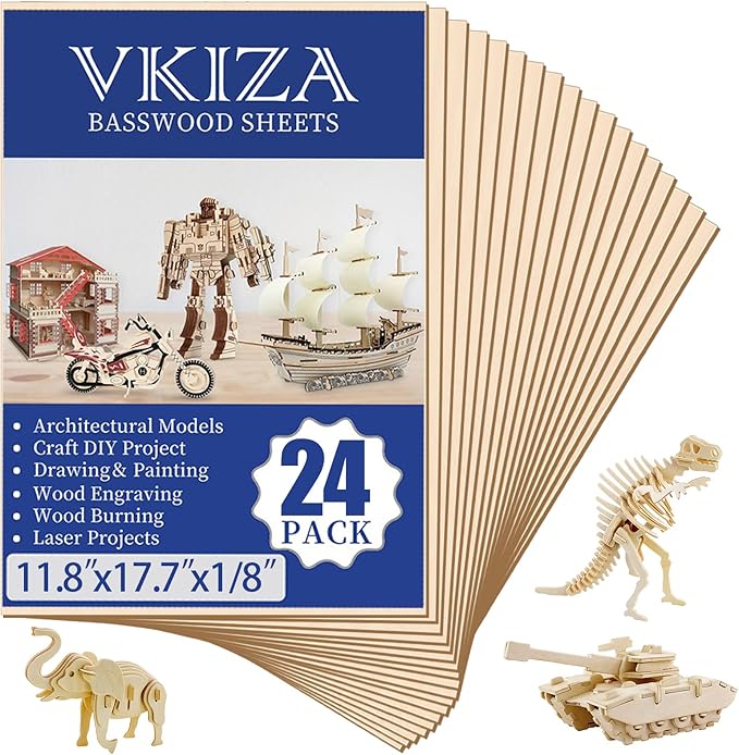 24 Pack Basswood Sheets for Crafts 12x18x1/8 Inch, 3mm Thick Unfinished Plywood for Laser Cutting & Engraving, DIY Ornaments and Architectural Model