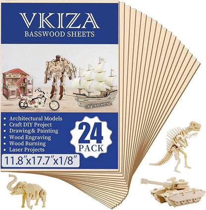 24 Pack Basswood Sheets for Crafts 12x18x1/8 Inch, 3mm Thick Unfinished Plywood for Laser Cutting & Engraving, DIY Ornaments and Architectural Model