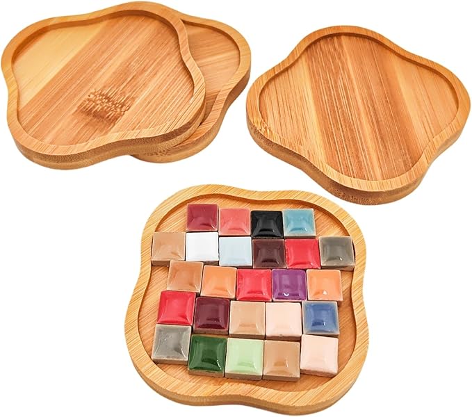 4PCS Mosaic Bamboo Coasters for Crafts, Blank Base Trays, Drinking Cup Coaster, Plant Coaster, Art Plate,DIY Mosaic Supplies (Four-Leaf Clover)