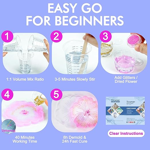 Teexpert Epoxy Resin Kit for Beginners, 32OZ Resin Kit with Silicone Molds, Complete Set with 24 Colors, Dried Flowers and Art Supplies, Crafts for Adults, Gift Set for DIY Coaster & Decor