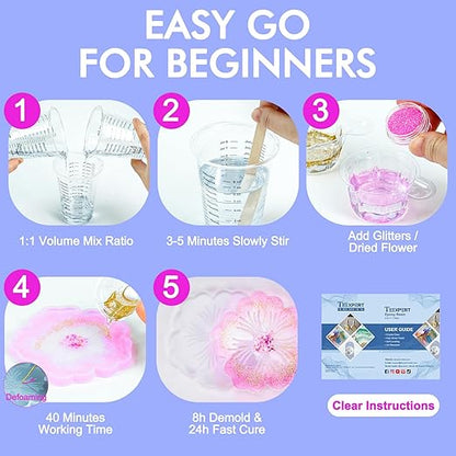 Teexpert Epoxy Resin Kit for Beginners, 32OZ Resin Kit with Silicone Molds, Complete Set with 24 Colors, Dried Flowers and Art Supplies, Crafts for Adults, Gift Set for DIY Coaster & Decor