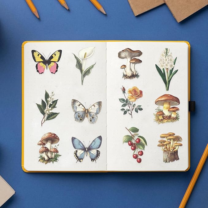 50 PCS Vintage Nature Mushroom Butterfly Flower Stickers – Clear Cottagecore Aesthetic Botanical Scrapbook Stickers for Journaling, Laptop, Water Bottle, Art Crafting