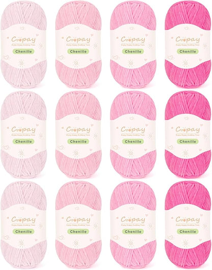 Coopay Skinny Chenille Yarn for Crocheting and Knitting, 12 Pack of 50g/1.76oz-1764yd Total, Soft Velvet Yarn of Baby Weights-Suitable for Baby Blankets, Plush Toys-Super Soft (Light Pink Gradient)