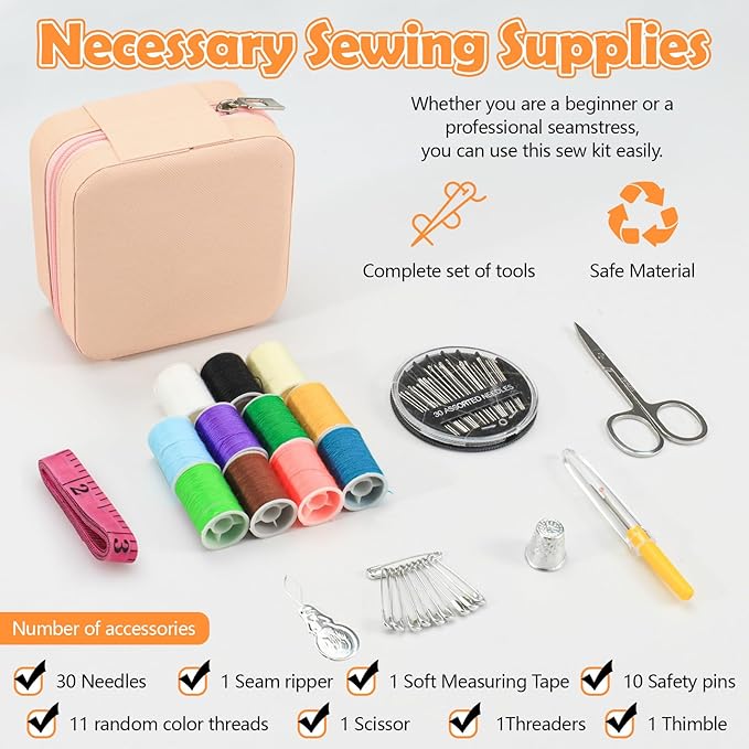 LELE LIFE Mini Travel Sewing Kit Leather Case, Small Sewing Kit for Adults and Beginners, Basic Needle and Thread Kit for Emergency Hand Sewing Repair Supplies (White)