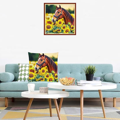 Lovxvouy Pillow Cross Stitch Kits for Adults Beginners-Preprinted Needlepoint Kit Stamped Crossstitching Kits 11CT Cross-Stitch Kit Stitches Kit Embroidery Kits-Sunflower and Steed 18x18 inchs